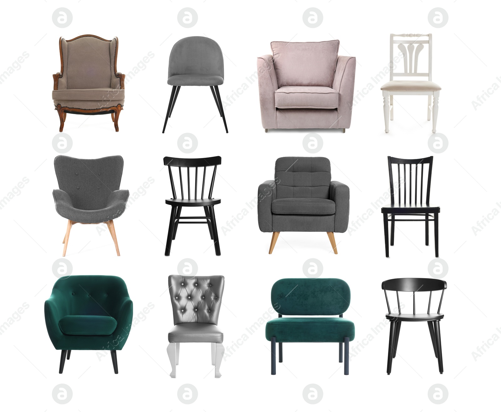 Image of Different chairs isolated on white, set. Stylish furniture