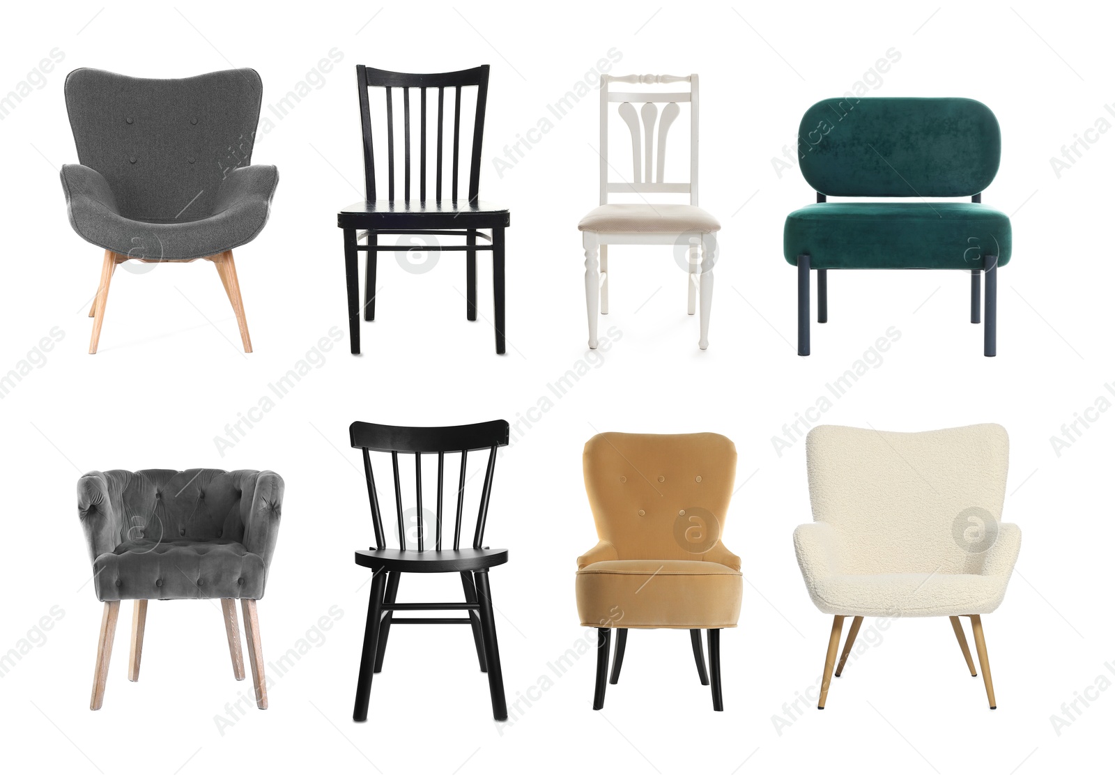 Image of Different chairs isolated on white, set. Stylish furniture