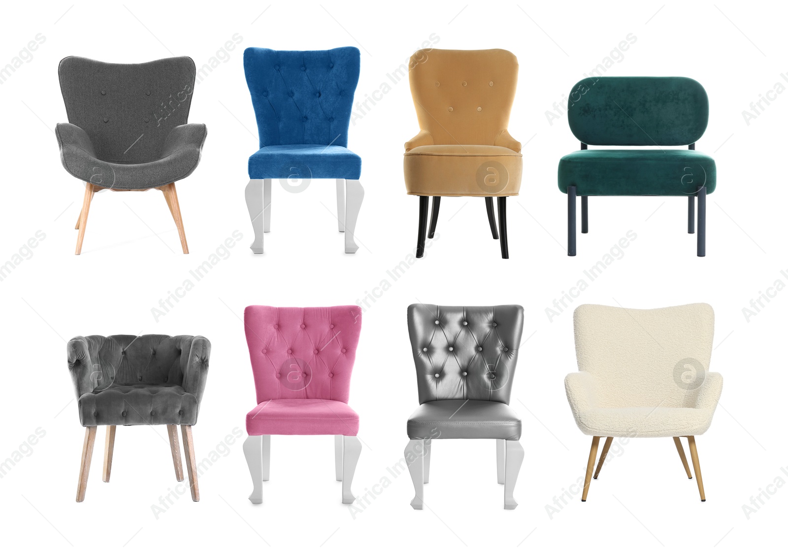 Different chairs isolated on white, set. Stylish furniture Image of Different chairs isolated on white, set. Stylish furniture