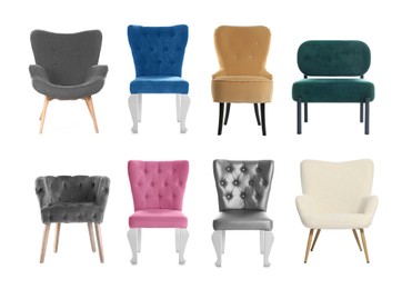 Image of Different chairs isolated on white, set. Stylish furniture