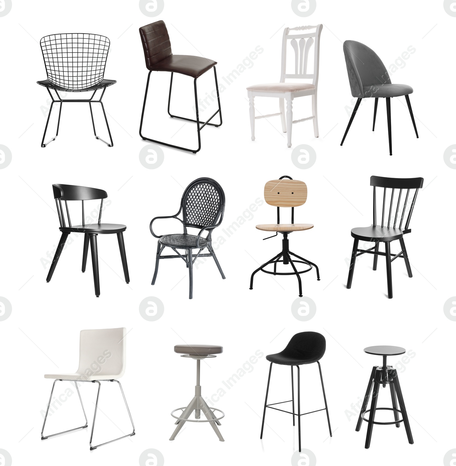 Different chairs isolated on white, set. Stylish furniture Image of Different chairs isolated on white, set. Stylish furniture