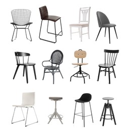 Image of Different chairs isolated on white, set. Stylish furniture