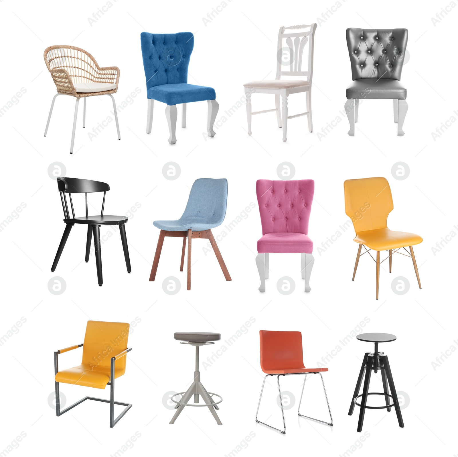 Image of Different chairs isolated on white, set. Stylish furniture