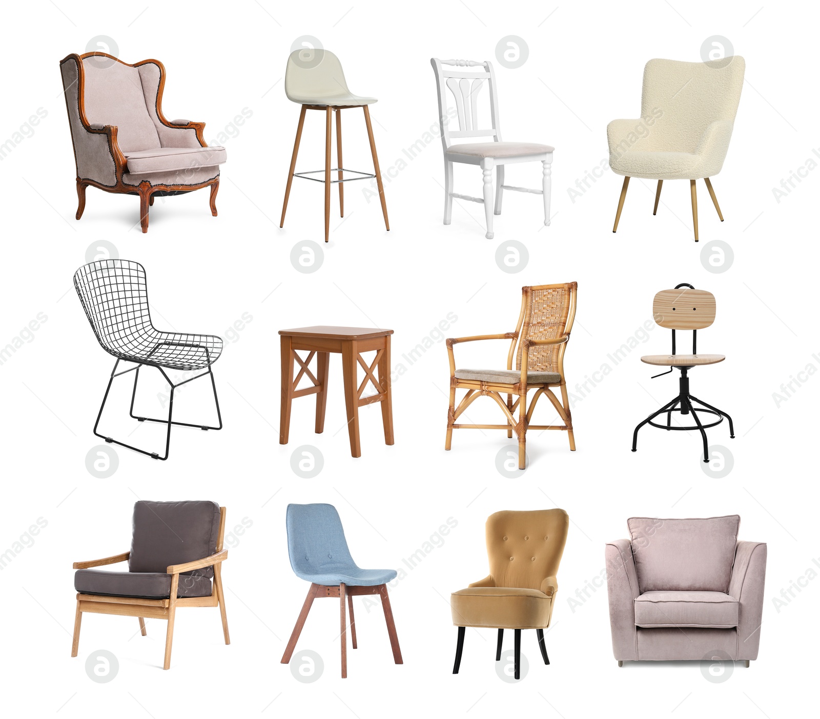 Image of Different chairs isolated on white, set. Stylish furniture