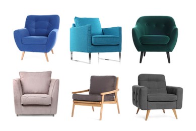Image of Different chairs isolated on white, set. Stylish furniture