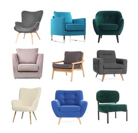 Image of Different chairs isolated on white, set. Stylish furniture
