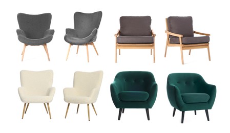 Image of Different chairs isolated on white, set. Stylish furniture