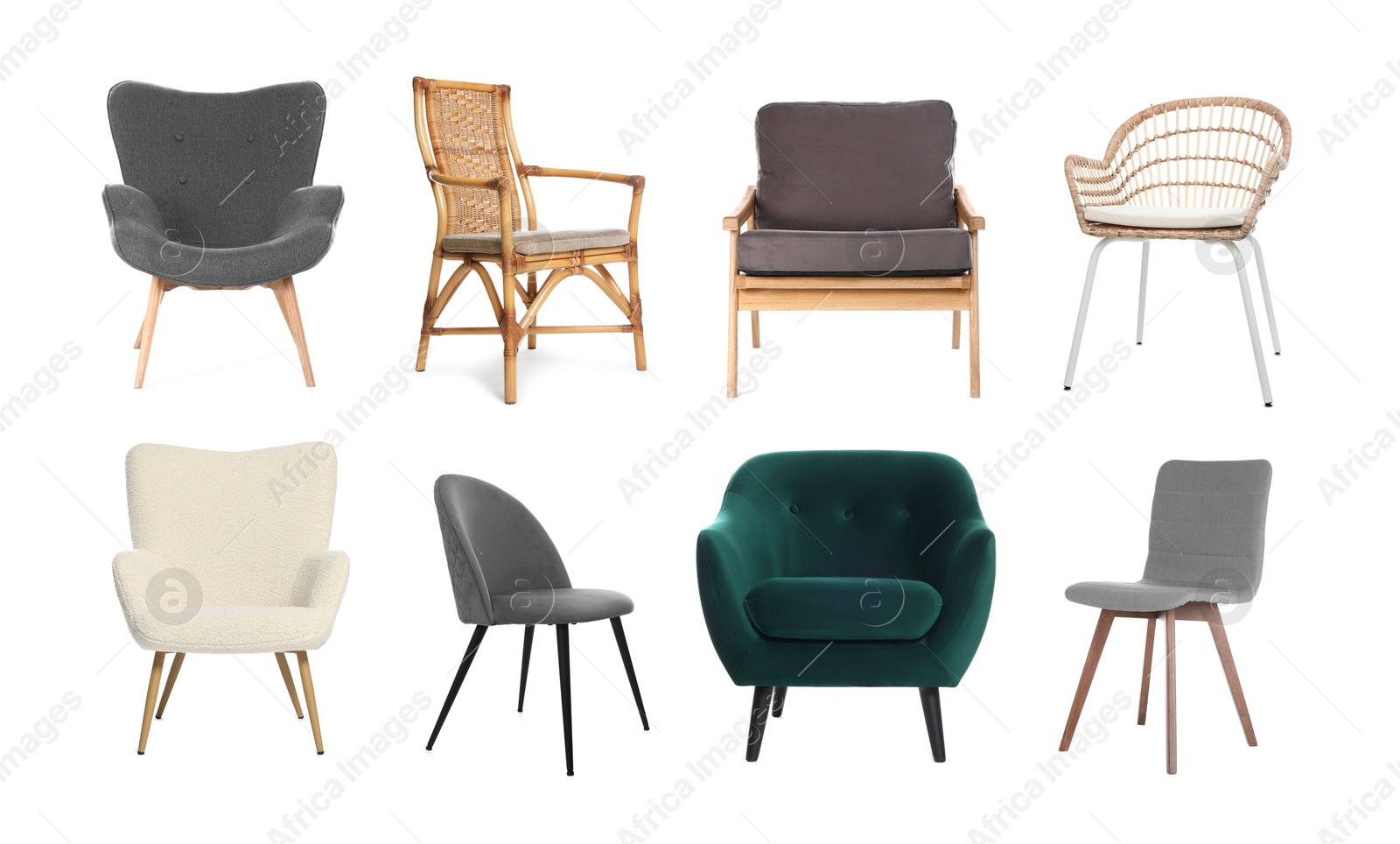 Image of Different chairs isolated on white, set. Stylish furniture