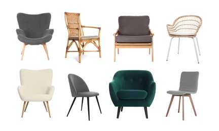 Image of Different chairs isolated on white, set. Stylish furniture