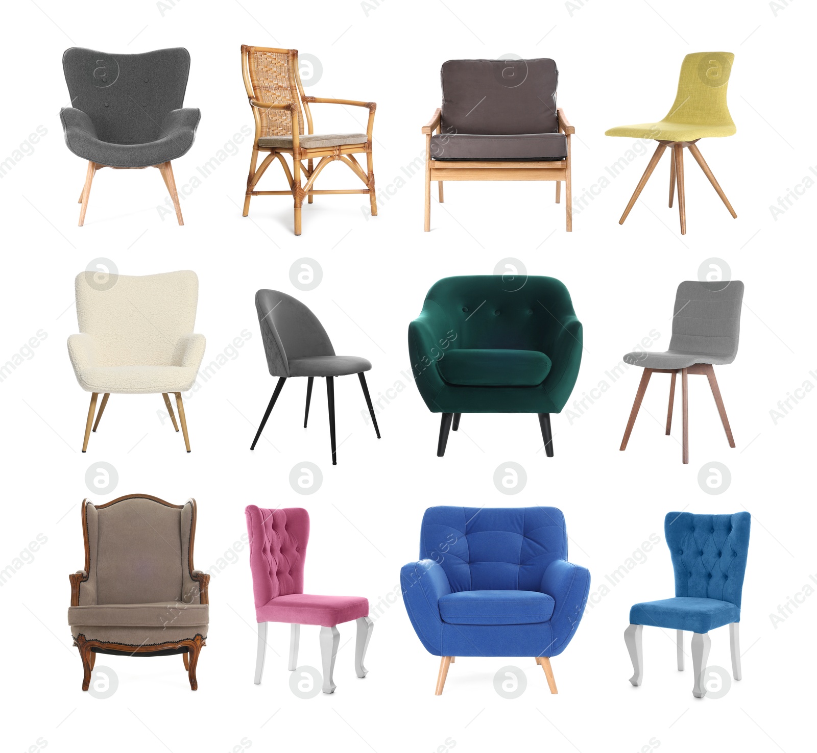 Image of Different chairs isolated on white, set. Stylish furniture