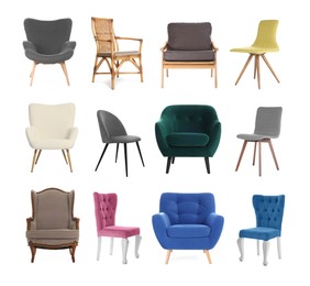 Image of Different chairs isolated on white, set. Stylish furniture