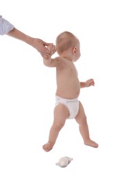 Photo of Cute little baby standing on white background
