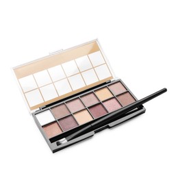 Photo of Beautiful eyeshadow palette with brush isolated on white