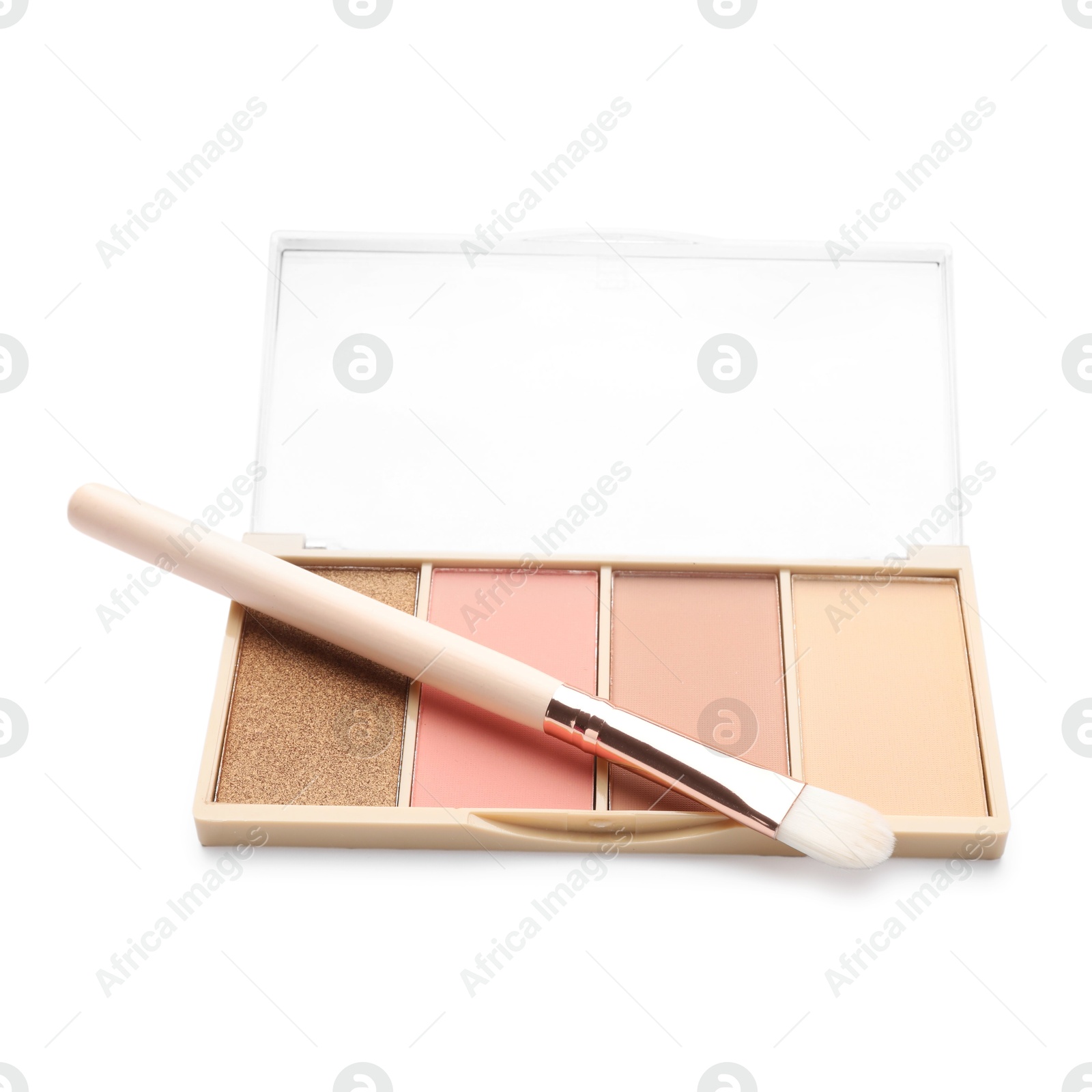 Photo of Beautiful contouring palette with brush isolated on white