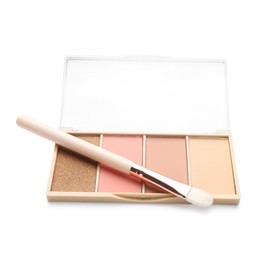 Photo of Beautiful contouring palette with brush isolated on white