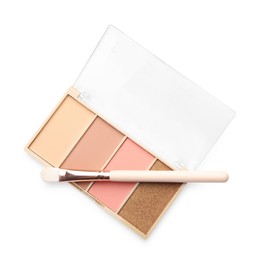 Photo of Beautiful contouring palette with brush isolated on white, top view