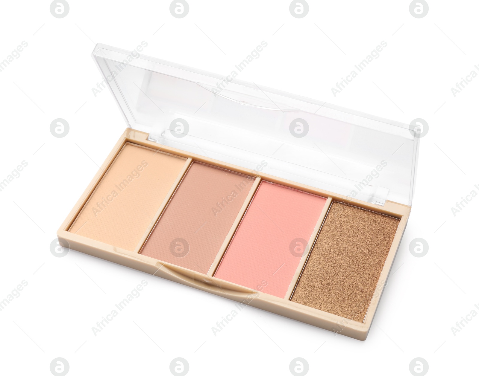 Photo of Beautiful contouring palette with blush and bronzer isolated on white