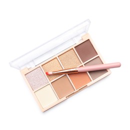 Photo of Beautiful eyeshadow palette with brush isolated on white, top view