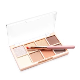 Photo of Beautiful eyeshadow palette with brush isolated on white