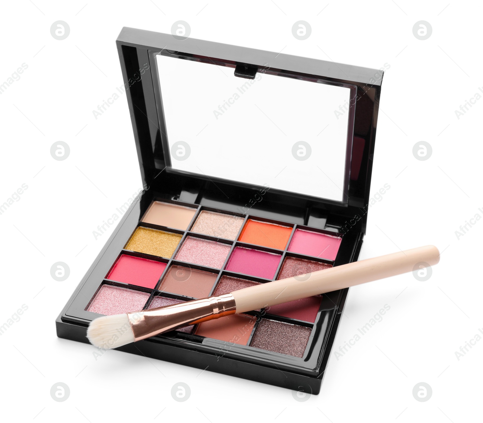 Photo of Beautiful eyeshadow palette with brush isolated on white
