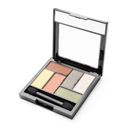 Photo of Beautiful eyeshadow palette with applicator isolated on white