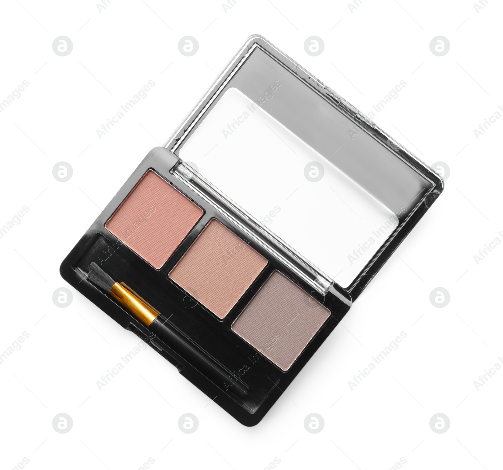 Photo of Beautiful eyebrow palette with brush isolated on white, top view