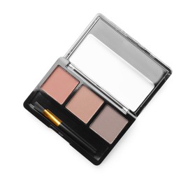 Photo of Beautiful eyebrow palette with brush isolated on white, top view