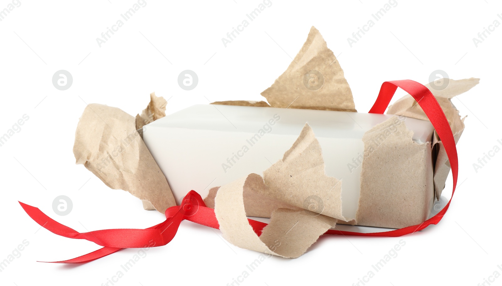 Photo of One unwrapped gift box isolated on white