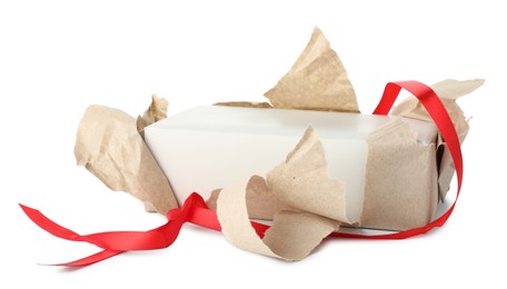 Photo of One unwrapped gift box isolated on white