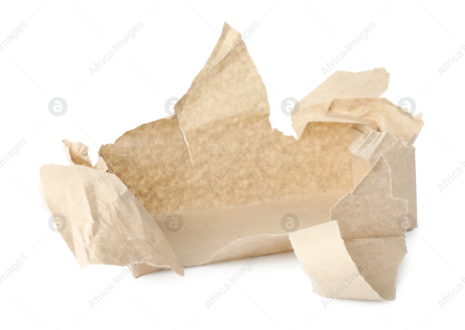 Photo of Opening gift. Torn wrapping paper isolated on white