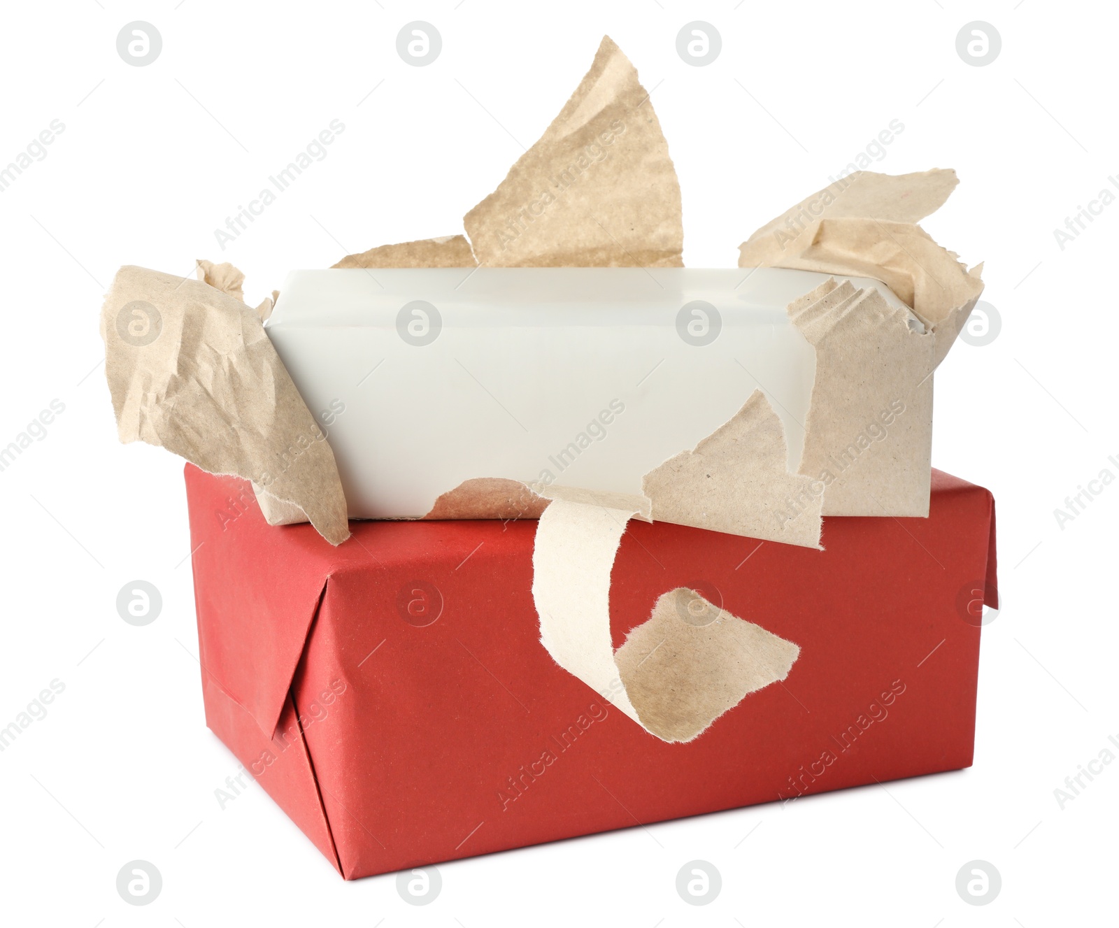 Photo of Unwrapped and wrapped gift boxes isolated on white