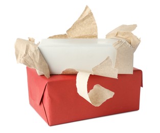 Photo of Unwrapped and wrapped gift boxes isolated on white