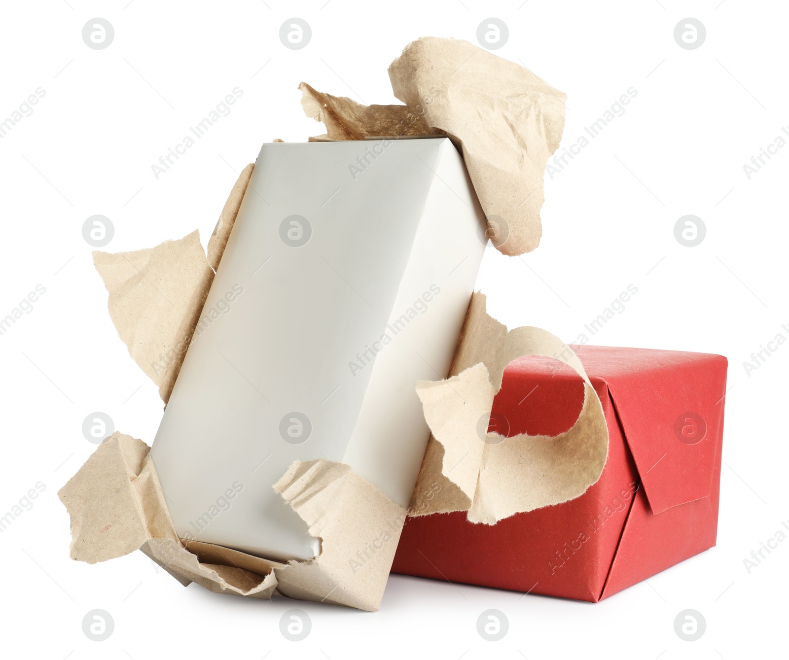 Photo of Unwrapped and wrapped gift boxes isolated on white