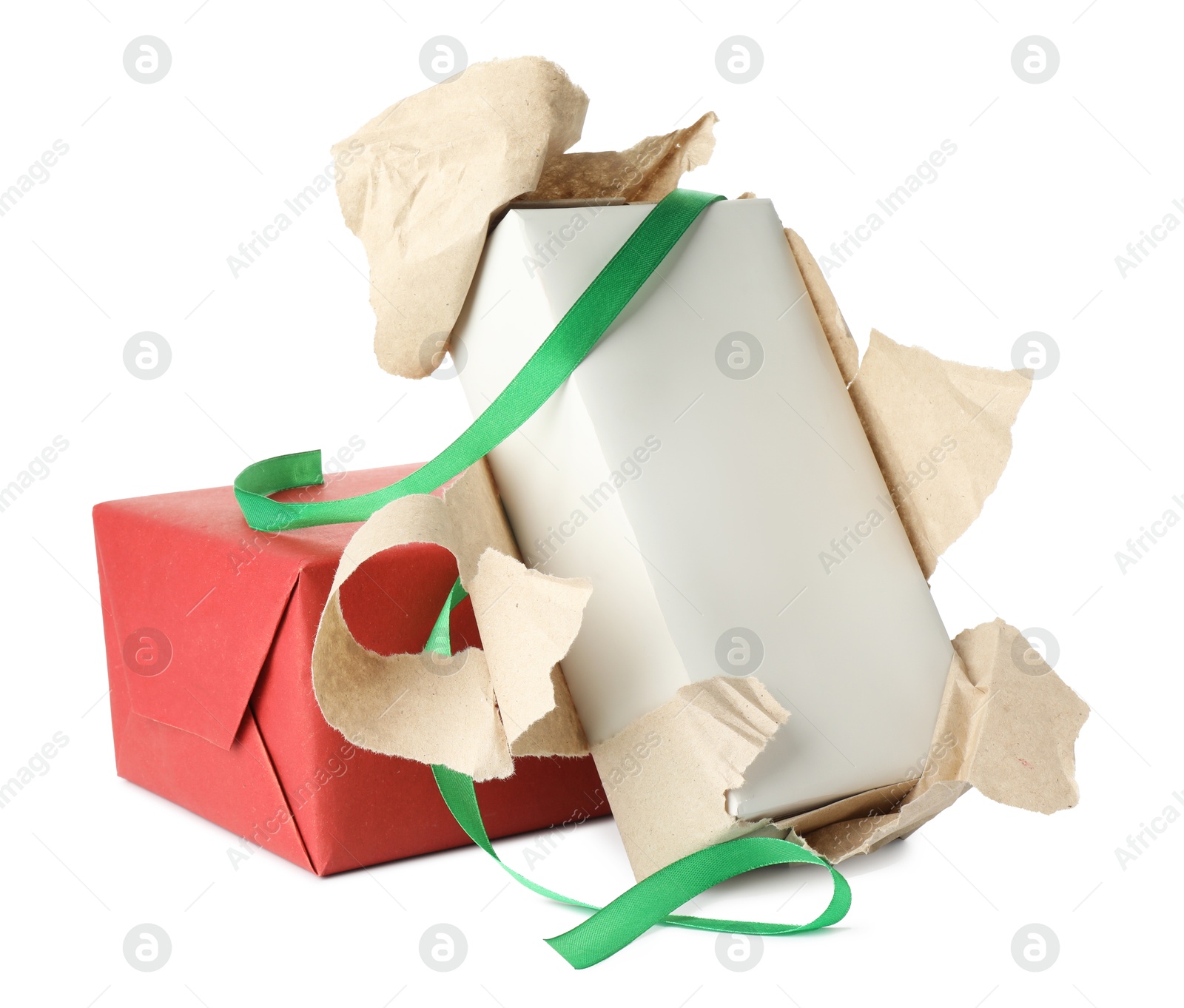 Photo of Unwrapped and wrapped gift boxes isolated on white