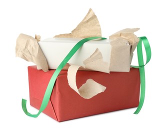 Photo of Unwrapped and wrapped gift boxes isolated on white