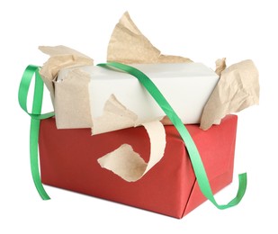 Photo of Unwrapped and wrapped gift boxes isolated on white