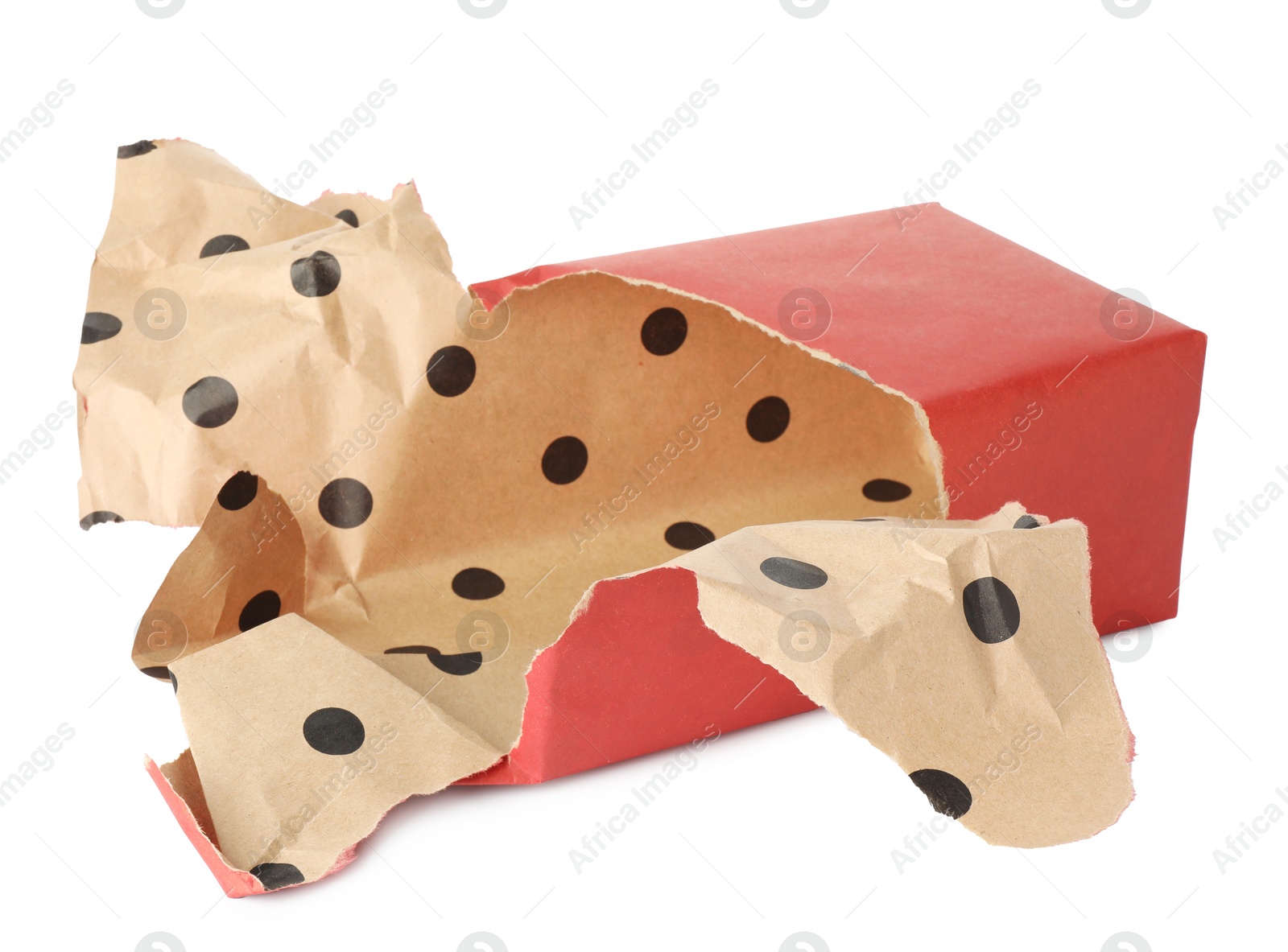 Photo of One unwrapped gift box isolated on white