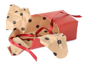 Photo of One unwrapped gift box isolated on white