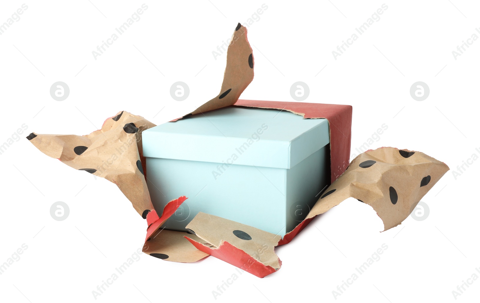 One unwrapped gift box isolated on white Photo of One unwrapped gift box isolated on white
