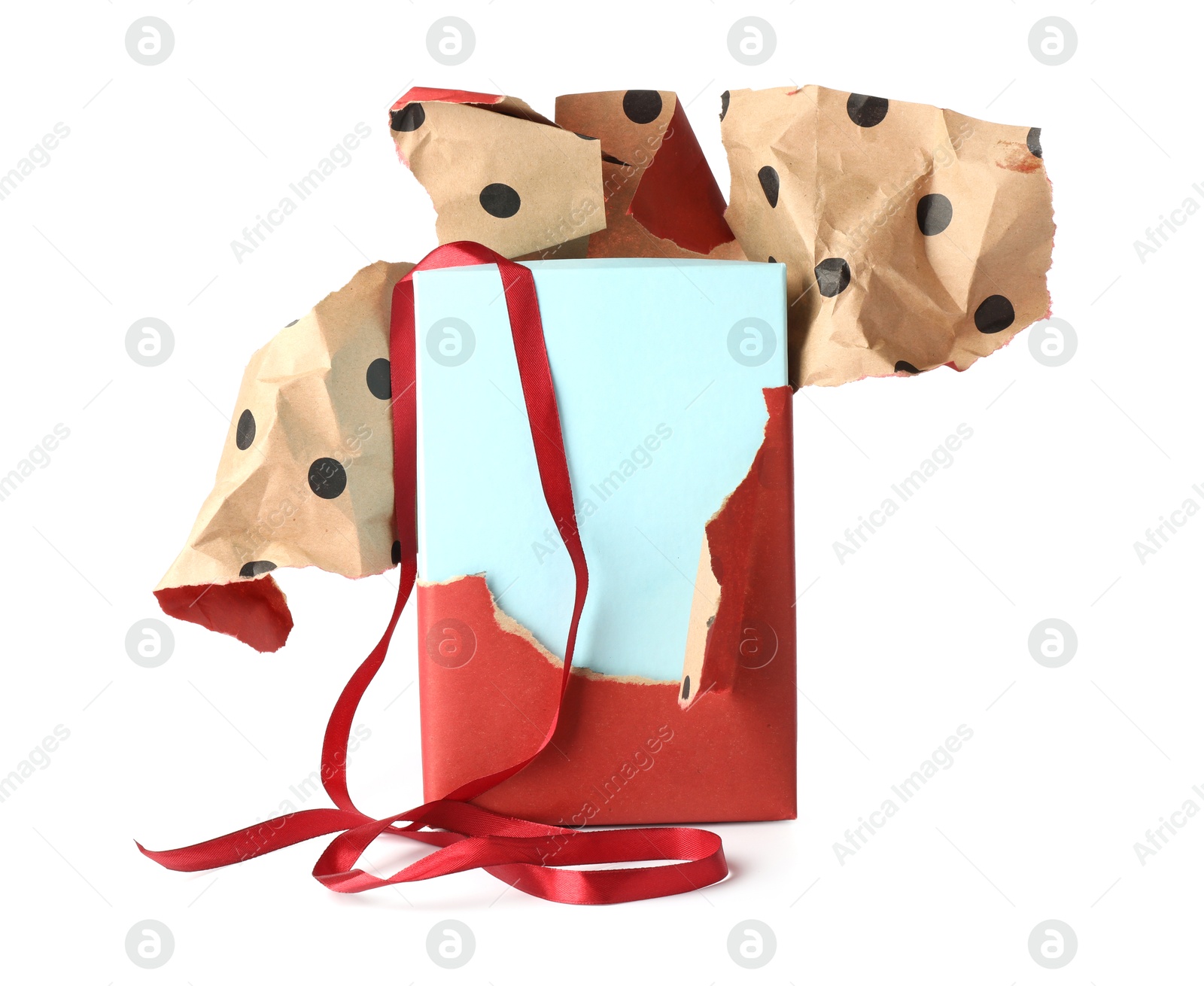 One unwrapped gift box isolated on white Photo of One unwrapped gift box isolated on white