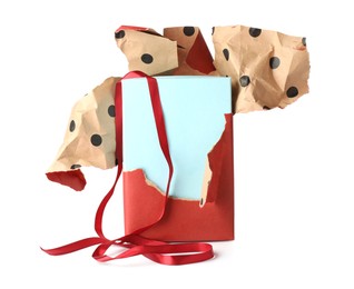 Photo of One unwrapped gift box isolated on white