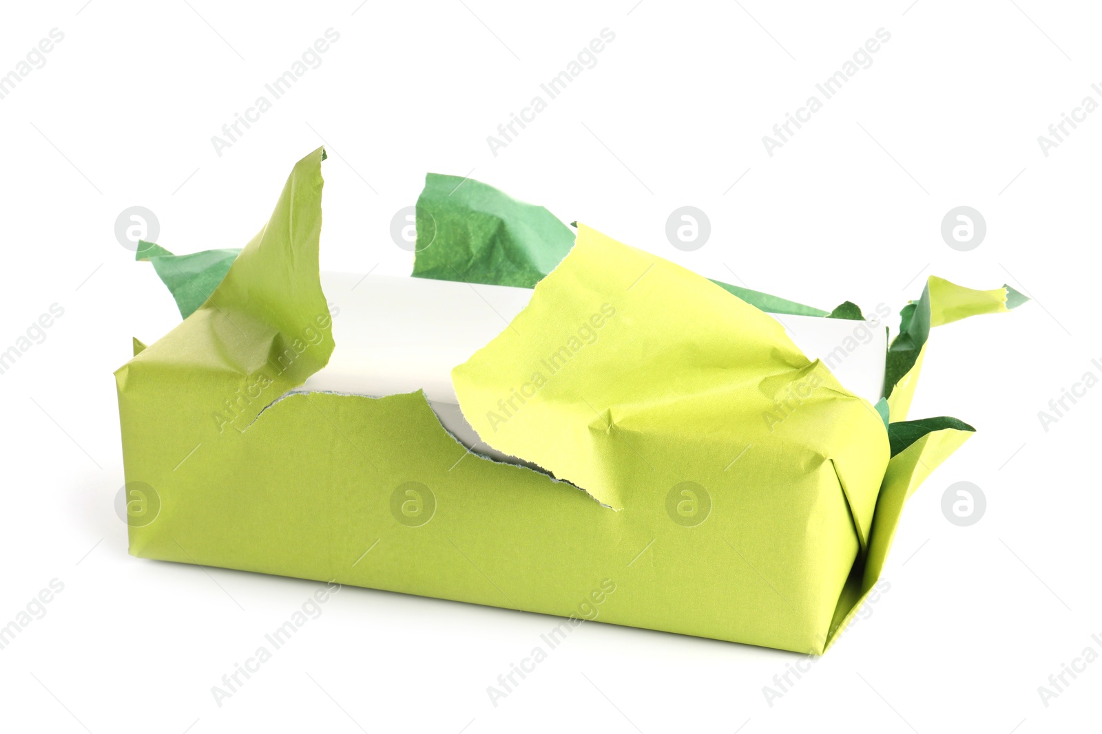 Photo of One unwrapped gift box isolated on white