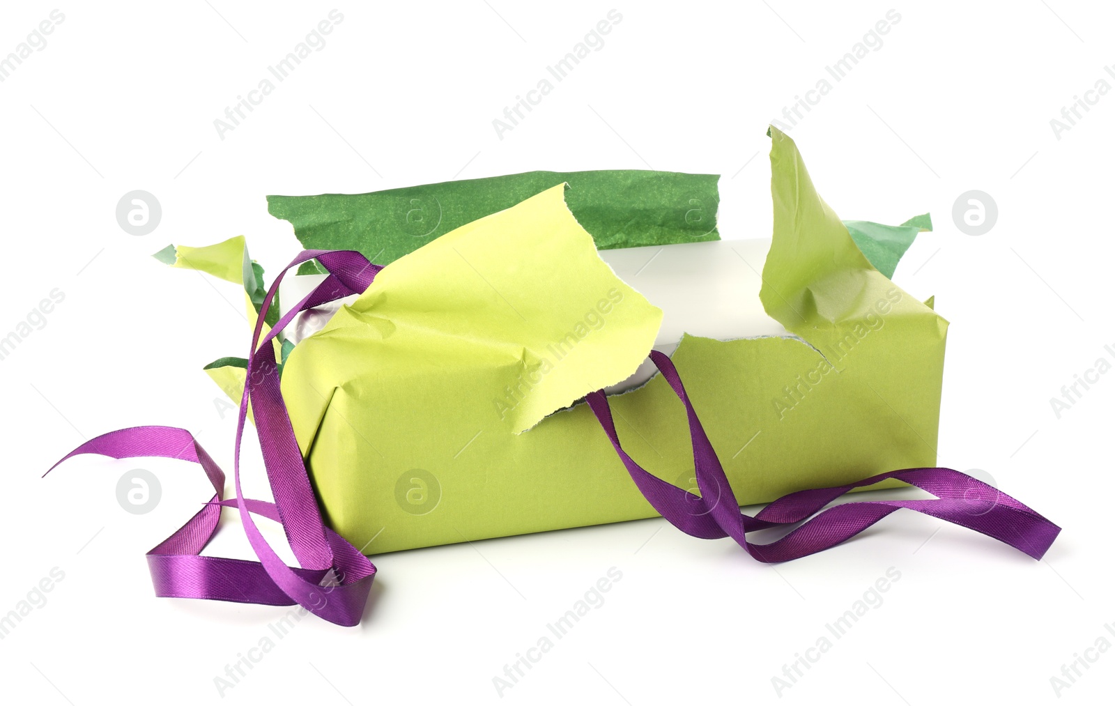 Photo of One unwrapped gift box isolated on white