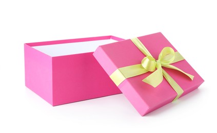 Photo of One opened gift box isolated on white