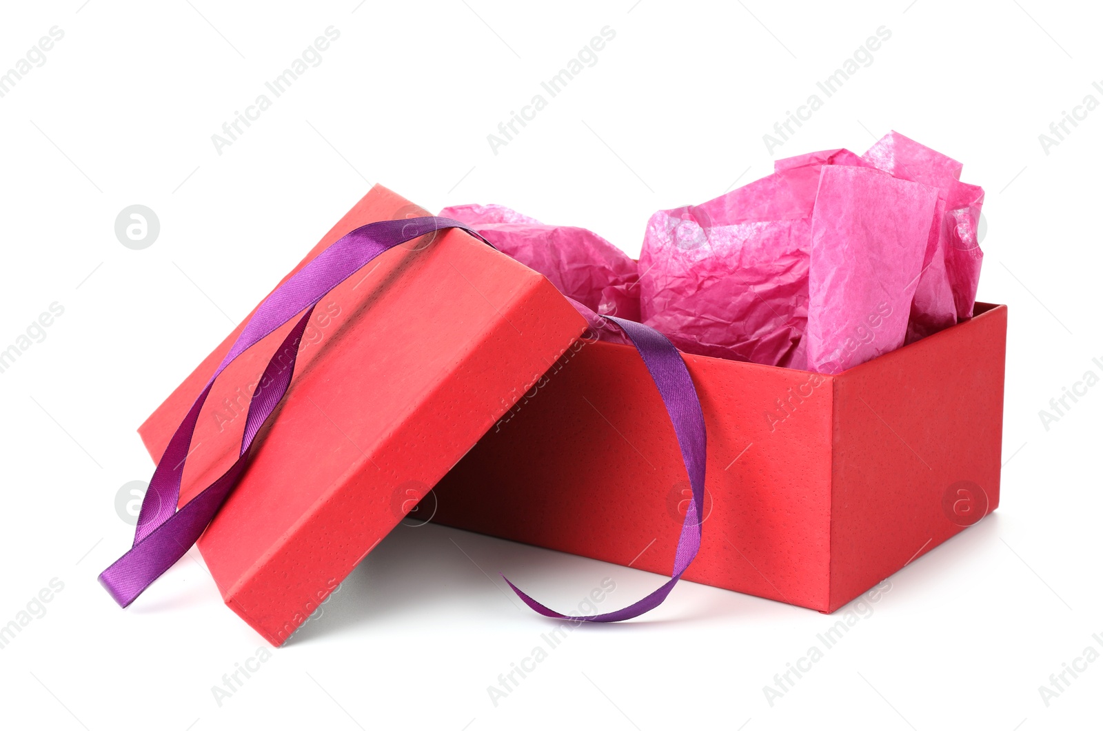 Photo of One opened gift box isolated on white