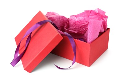 Photo of One opened gift box isolated on white