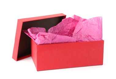 Photo of One opened gift box isolated on white