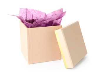 Photo of One opened gift box isolated on white
