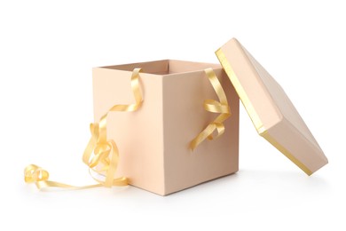 Photo of One opened gift box isolated on white