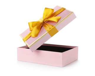 Photo of One opened gift box isolated on white